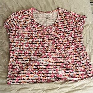 St. John's Bay Pink and Orange Floral Striped Tee